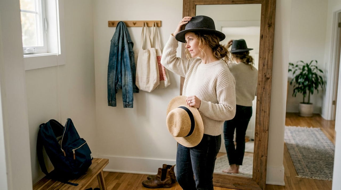 Woman comparing hats in hallway mirror