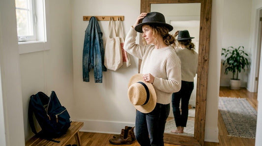Woman comparing hats in hallway mirror