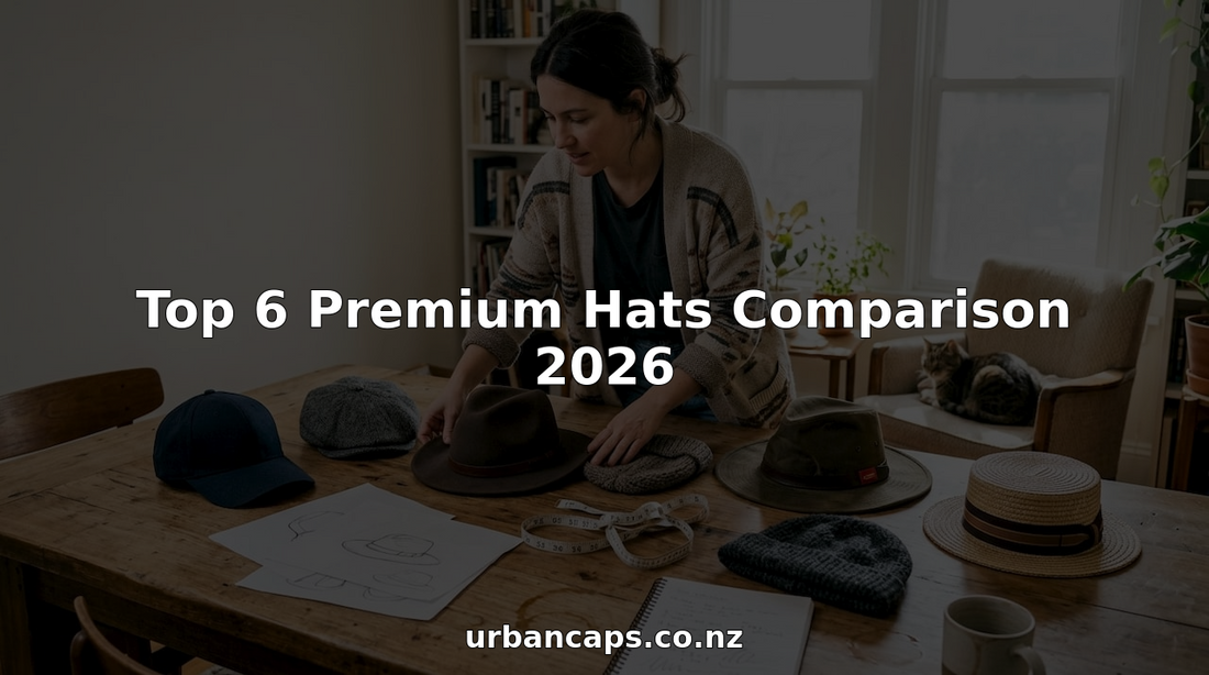 Designer sorting six premium hats on sunlit table