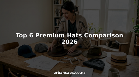 Designer sorting six premium hats on sunlit table