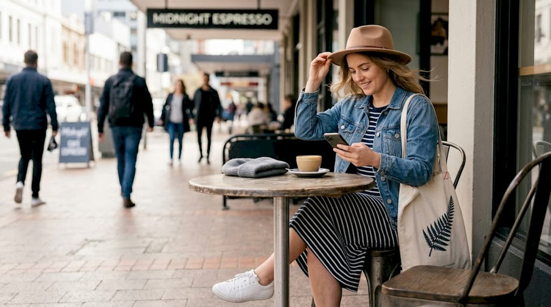 Woman matching hats with outfit at café