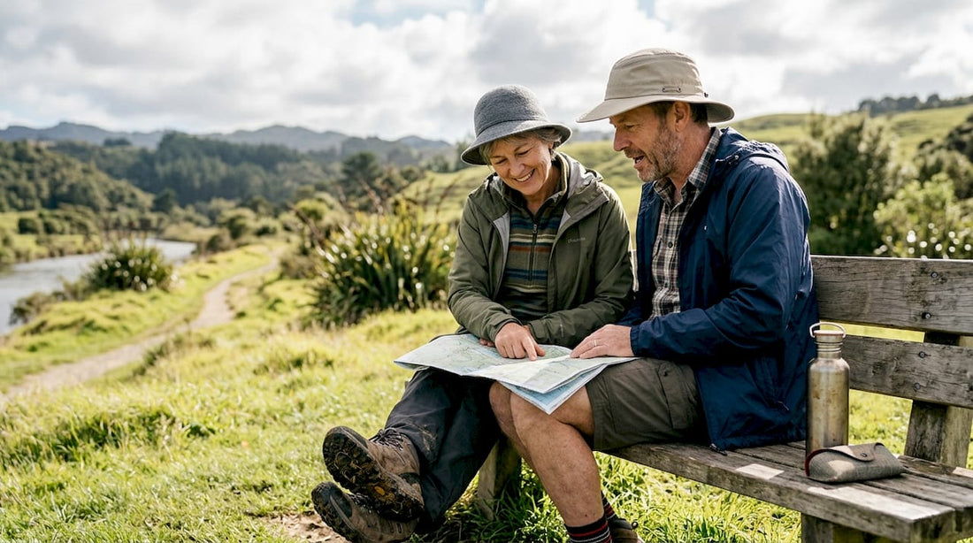 Two people in durable hats outdoors