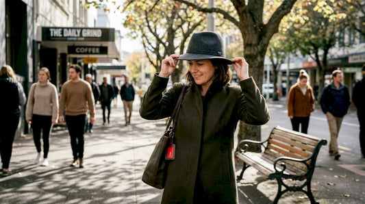 Woman adjusting wool fedora New Zealand street