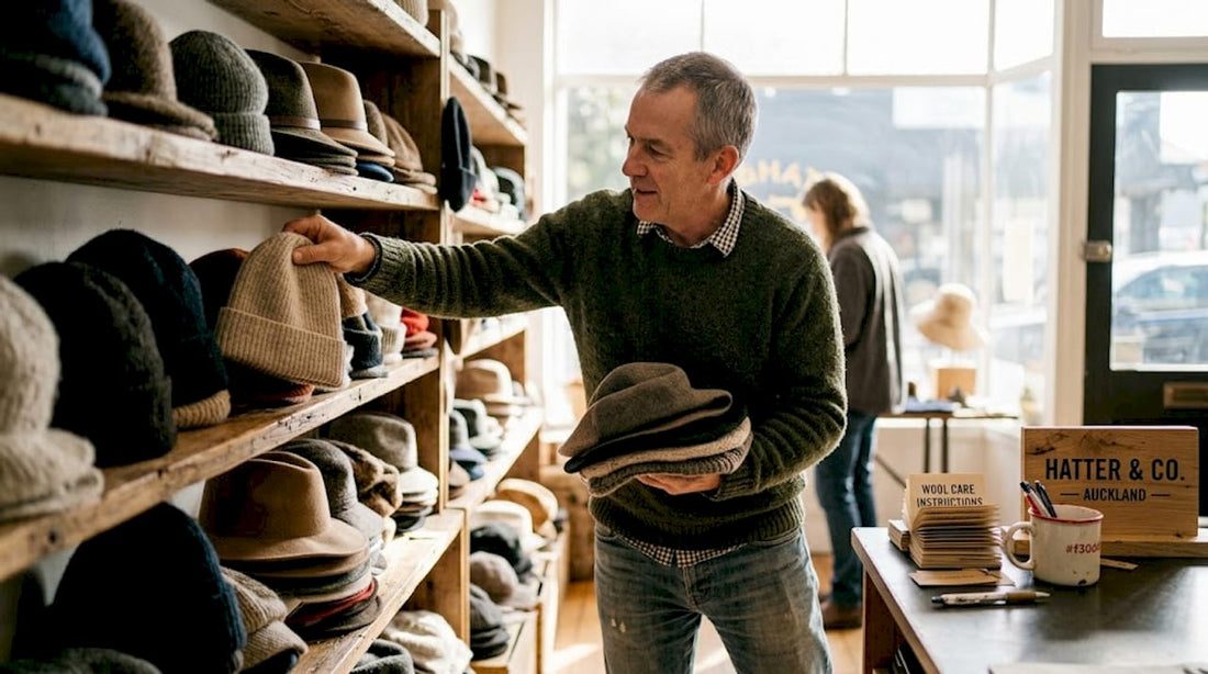 Shopkeeper arranging wool hats in NZ store