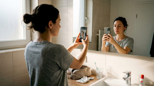Woman finding face shape in bathroom mirror