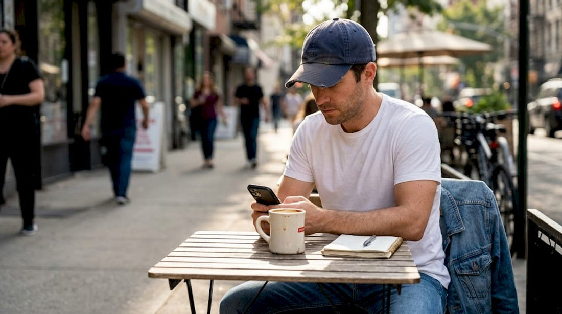 Man in dad hat reading at sidewalk café