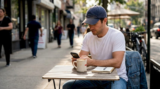 Man in dad hat reading at sidewalk café