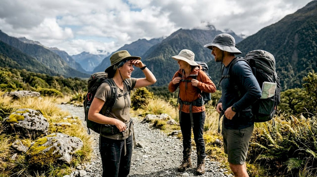 New Zealand hikers wearing sun hats on trail