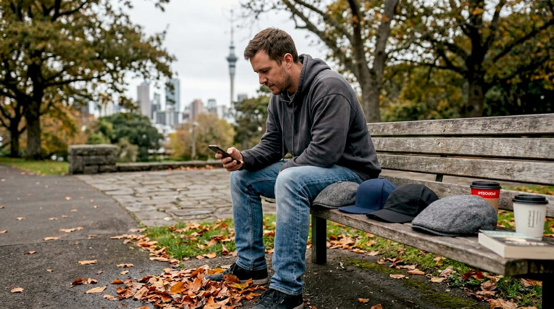 Man selecting cap from four styles on bench
