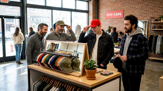 Men trying on baseball caps in modern store