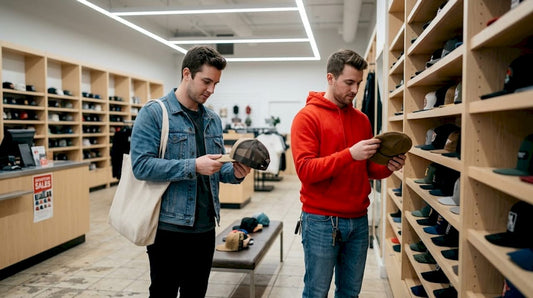Men browsing cap display in retail store