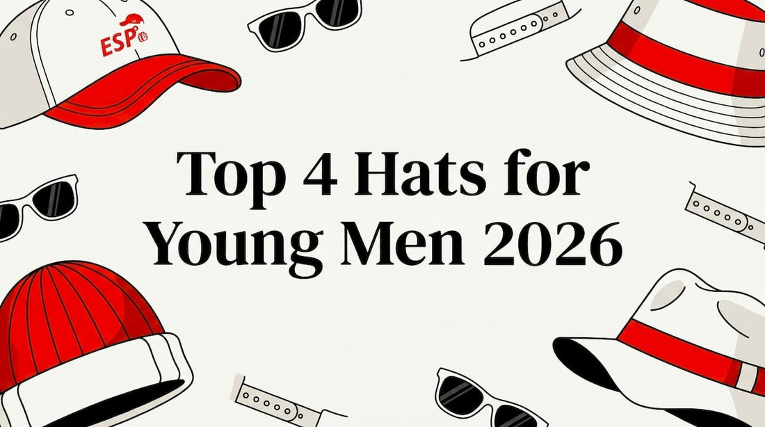 Editorial title card with illustrated hats framing text space