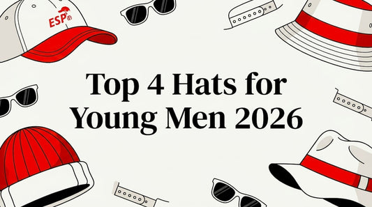 Editorial title card with illustrated hats framing text space