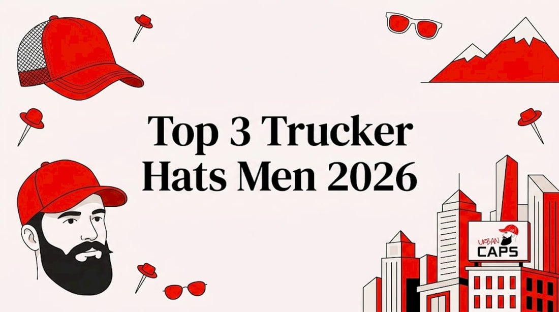 Flat vector editorial title card with trucker hats and city skyline