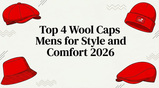 Decorative title card with wool cap illustrations at corners