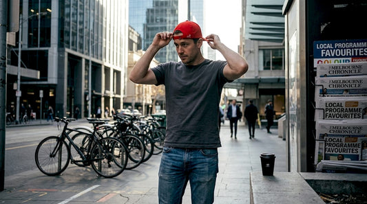 Man adjusting cap on busy city street