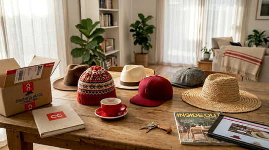 Six unique hats displayed on sunlit table