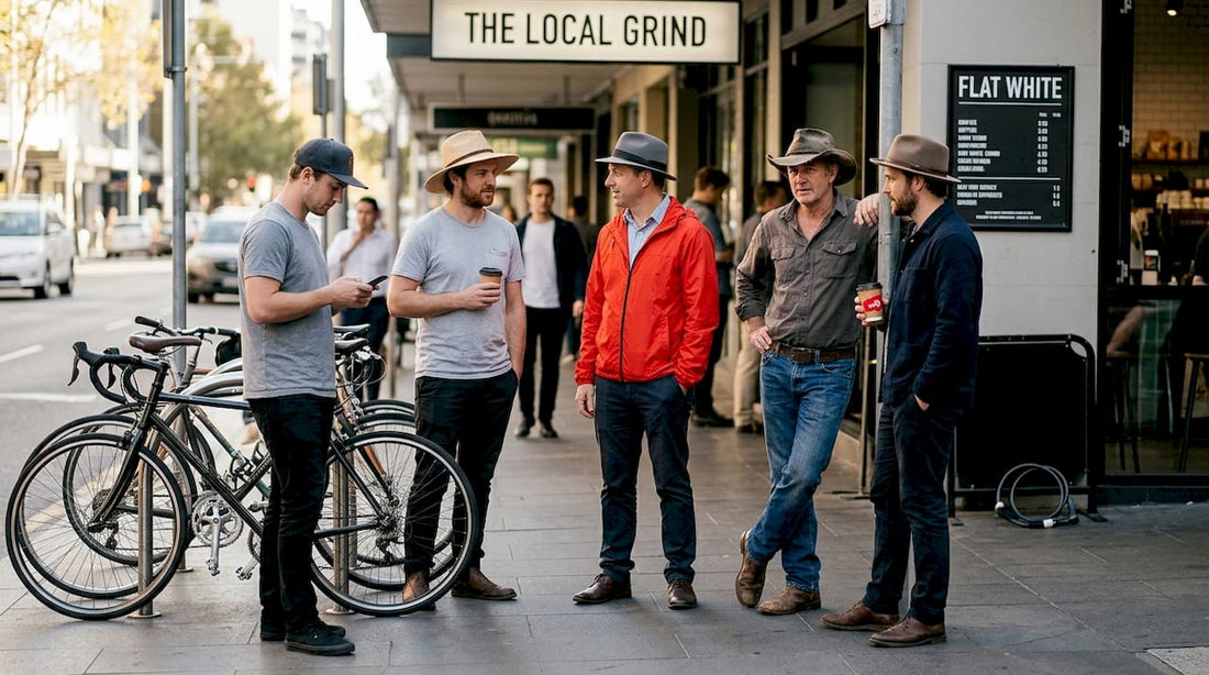 Men in city each wearing a different hat style