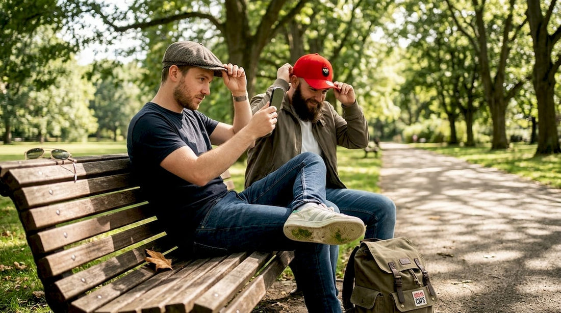 Two men try on branded caps in park
