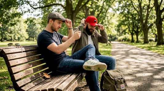 Two men try on branded caps in park