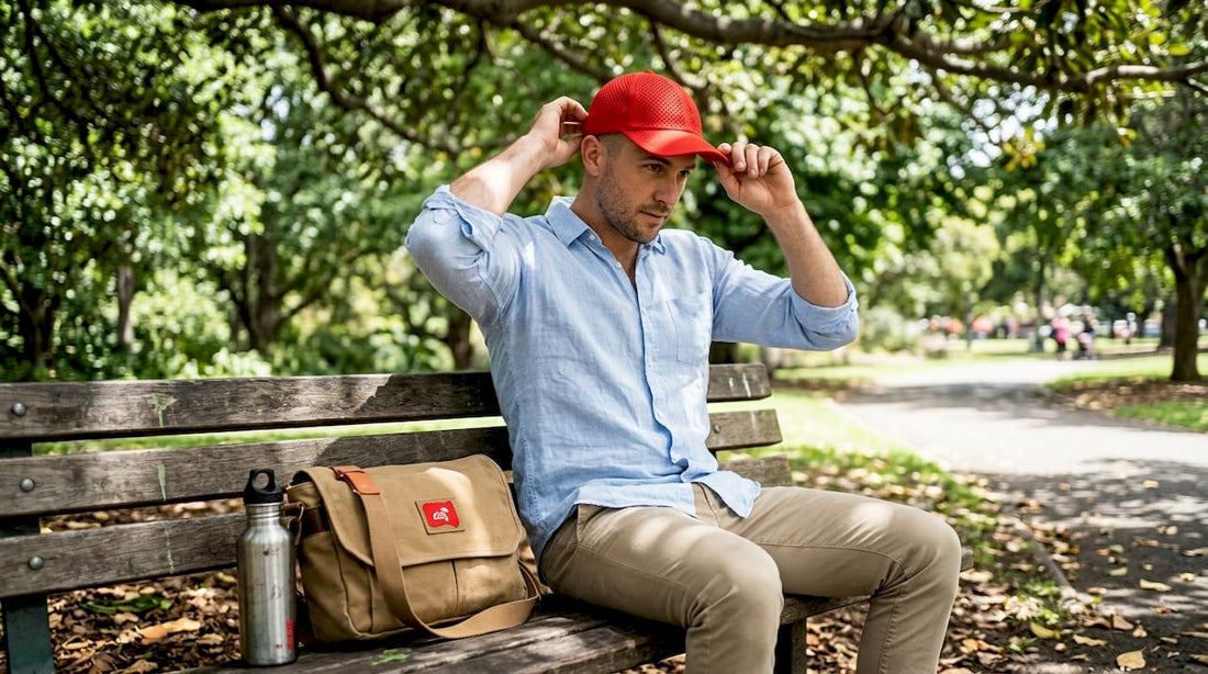 Man adjusts breathable hat on park bench