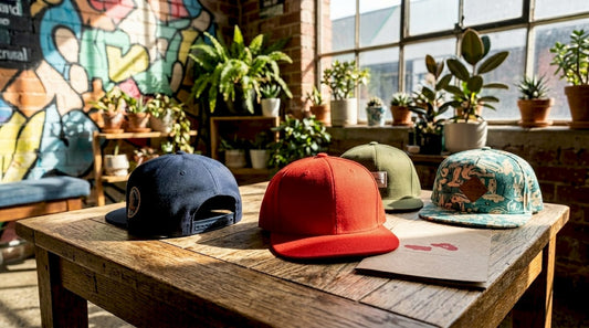 Four snapback hats displayed in urban living room