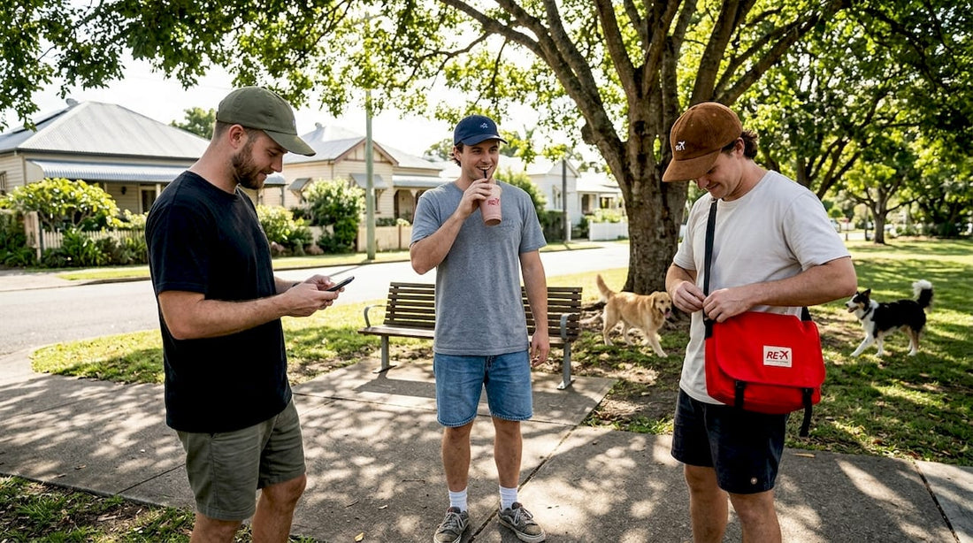 Three men in dad caps city sidewalk scene