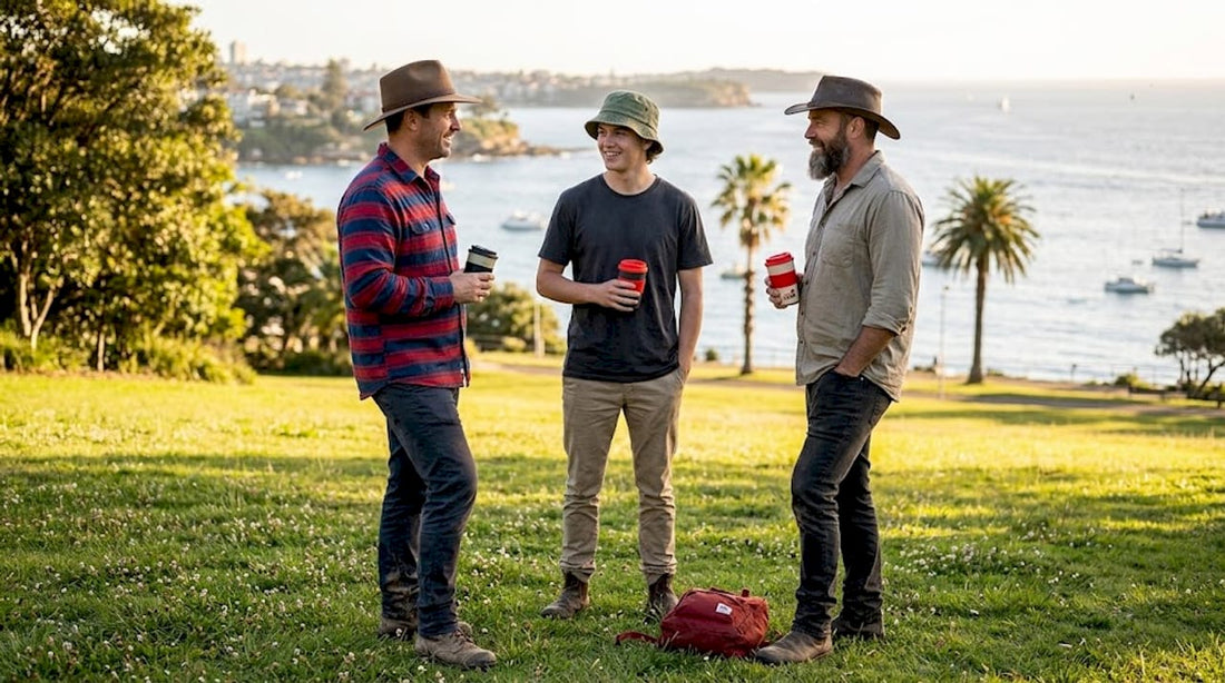 Three men wearing top Australian hats chatting outdoors
