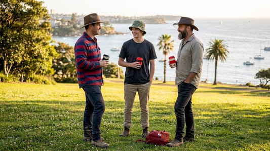 Three men wearing top Australian hats chatting outdoors