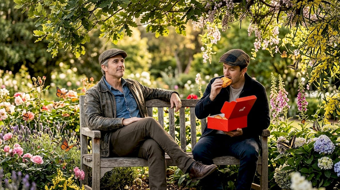 Men in ivy caps sitting on city park bench