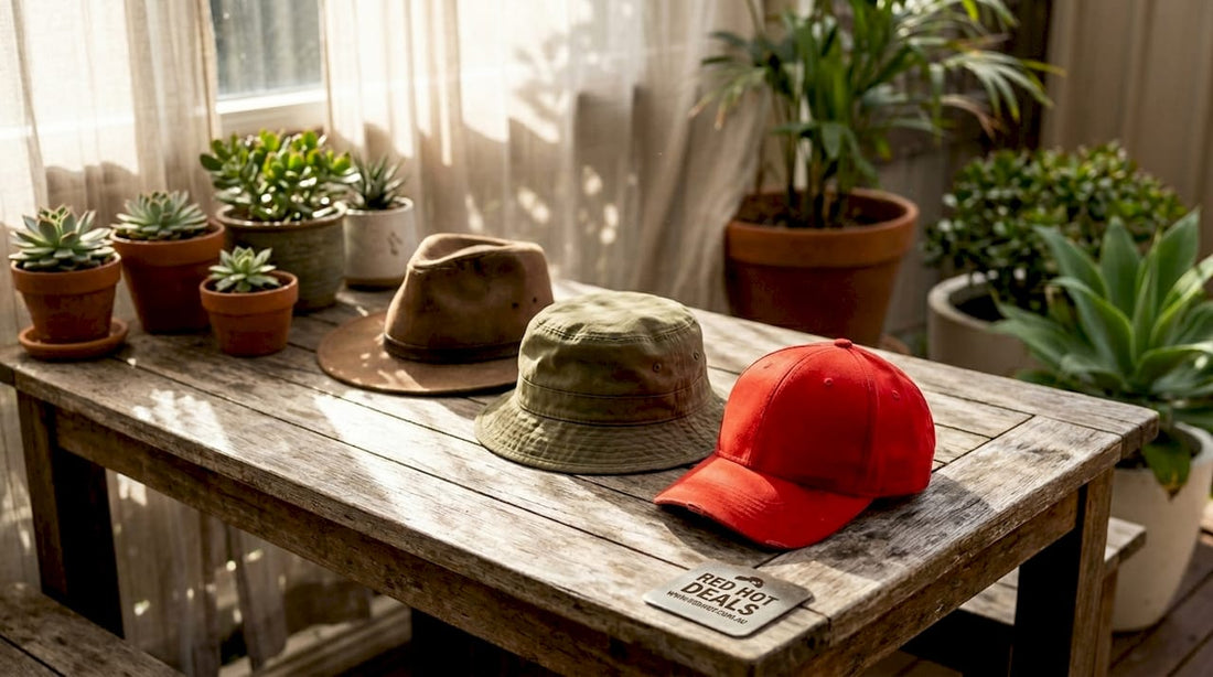 Three stylish hats on bench in bright studio