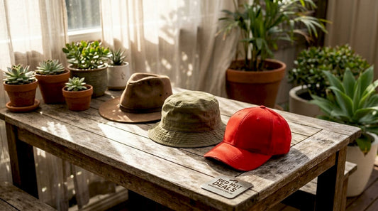 Three stylish hats on bench in bright studio