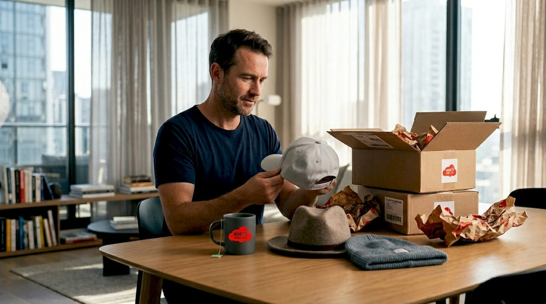 Man unpacks variety of men’s hats at home table