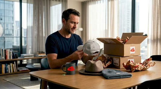 Man unpacks variety of men’s hats at home table