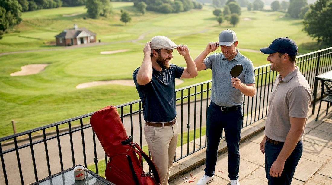 Men testing various golf caps near practice green