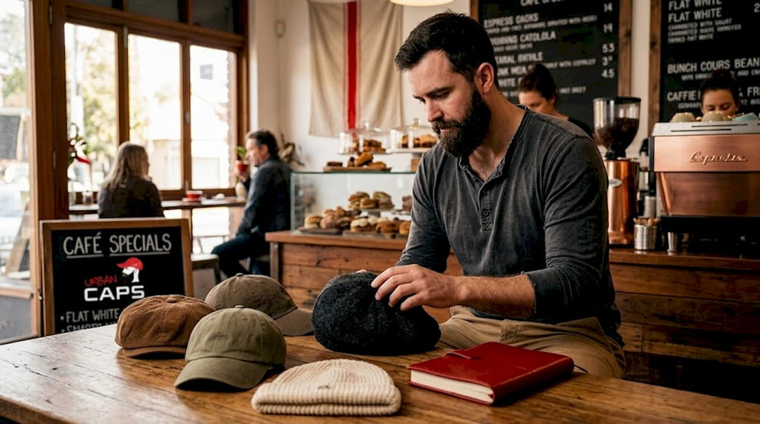 Man choosing different casual hats at home