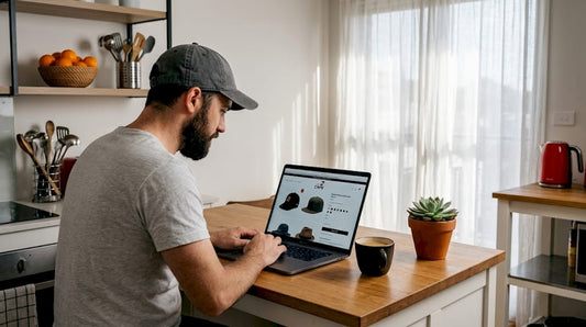 Man browsing premium caps on laptop at kitchen table