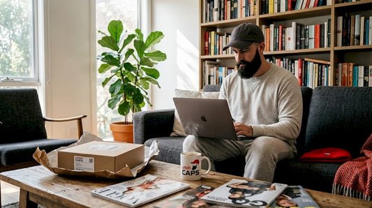 Man shopping for hats online at kitchen table