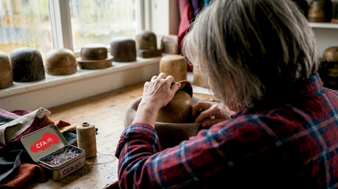 Artisan crafting hat at wooden workbench