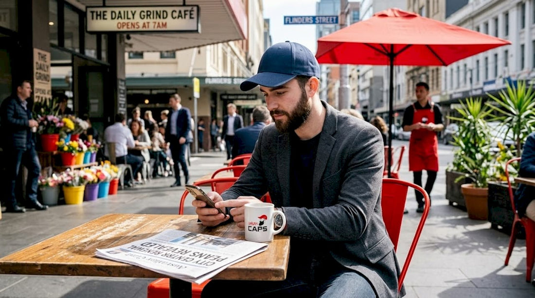 Man styles cap with smart casual outfit