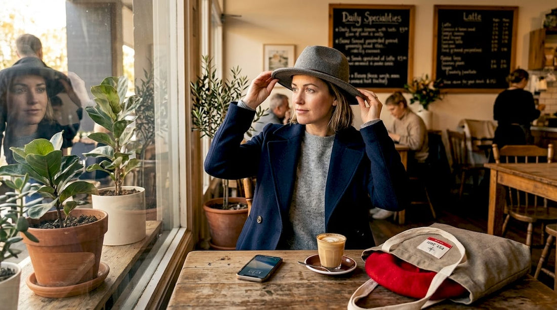 Woman trying on wool fedora in cafe