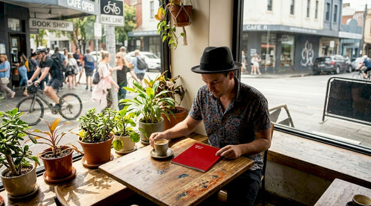 Man in trilby hat at café table reading