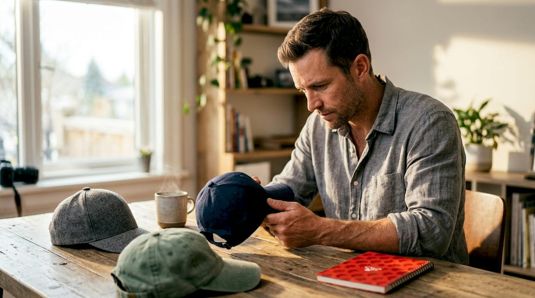 Man inspecting premium hat at sunlit table