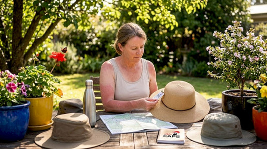 Woman sorting outdoor hats at kitchen table
