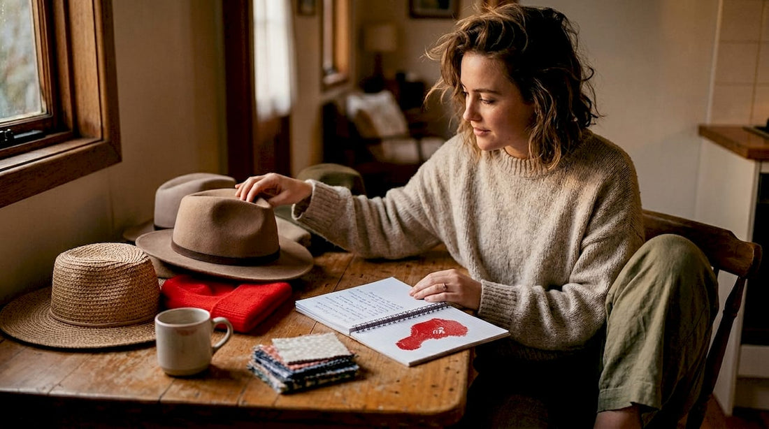 Woman organizes fashion hats at home table