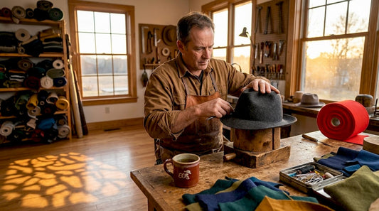 Artisan hatmaker shaping fedora in studio