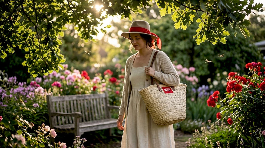 Woman walking in park wearing fedora hat