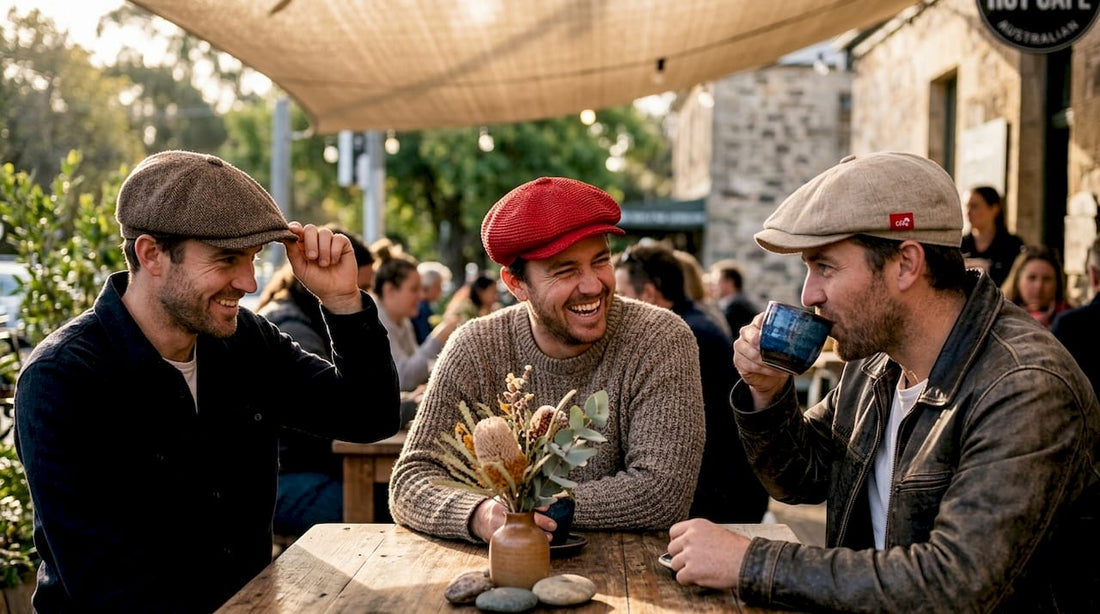 Three men wearing different stylish newsboy caps outdoors