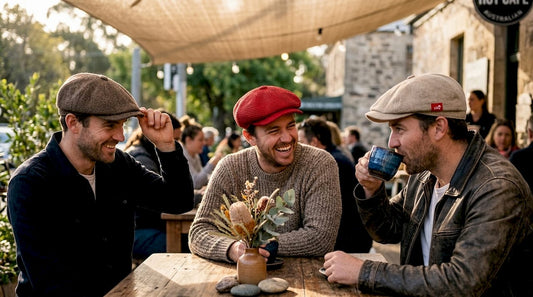 Three men wearing different stylish newsboy caps outdoors