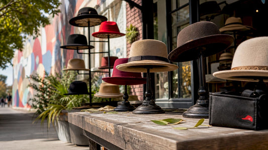 Display of four different felt hats on wooden stands outdoors